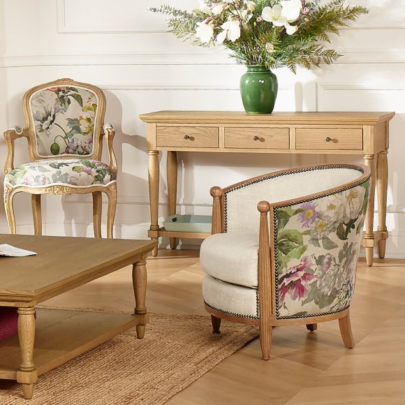 CAROLE COUNTRY Barrel Chair – Romantic style in solid wood, premium linen and floral fabric, 1 seat