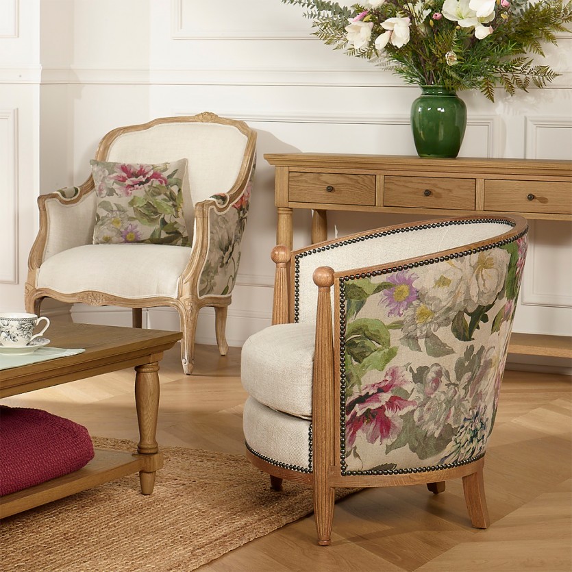 CAROLE COUNTRY – Fassensessel aus Massivholz, Premium-Leinen und geblümtem Stoff, 1-Sitzer