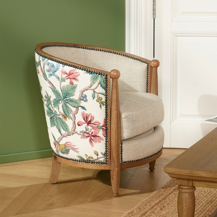 CAROLE LOPHURA – Fauteuil tonneau style romantique en bois, tissu lin premium et tissu fleuri, 1 place