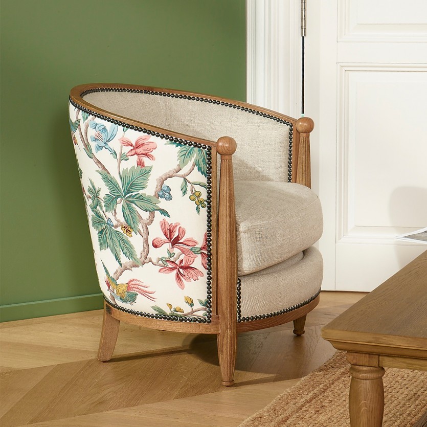 CAROLE LOPHURA Barrel Chair – Romantic style in wood, premium linen fabric, and floral fabric, 1 seat