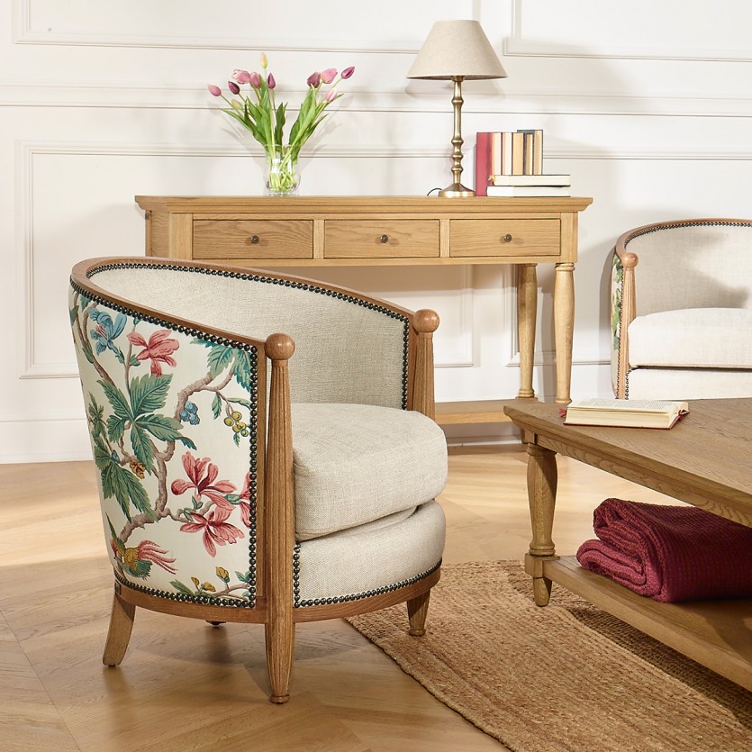 CAROLE LOPHURA – Fauteuil tonneau style romantique en bois, tissu lin premium et tissu fleuri, 1 place