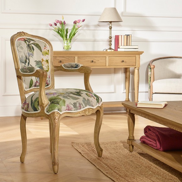 Cabriolet fauteuil LOUVRE COUNTRY – Romantische stijl in massief hout en linnen stof, 1 zitplaats