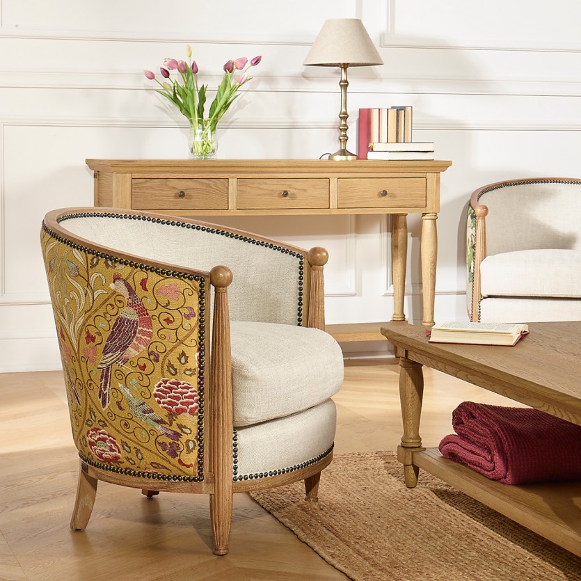 Poltrona em estilo barril CAROLE ART DECO - Estilo shabby chic em carvalho, linho de algodão e tecido mostarda, 1 lugar