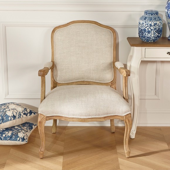 INES – Fauteuil bergère style Louis XV en bois et tissu lin premium, 1 place