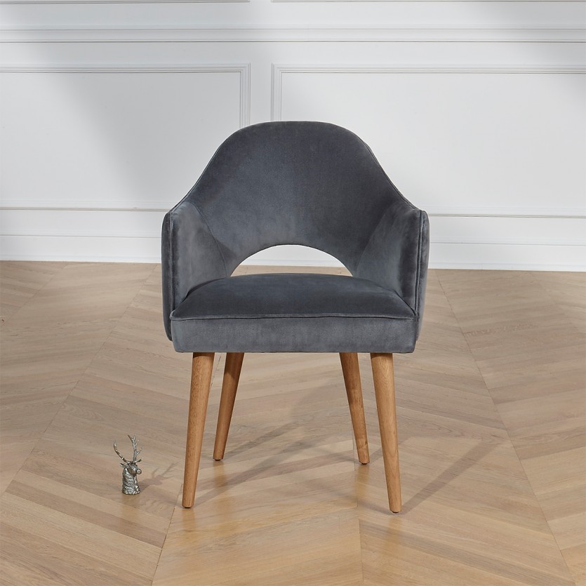SAINT GERMAIN - Fauteuil de table style nordique en bois massif et tissu velours, 1 place