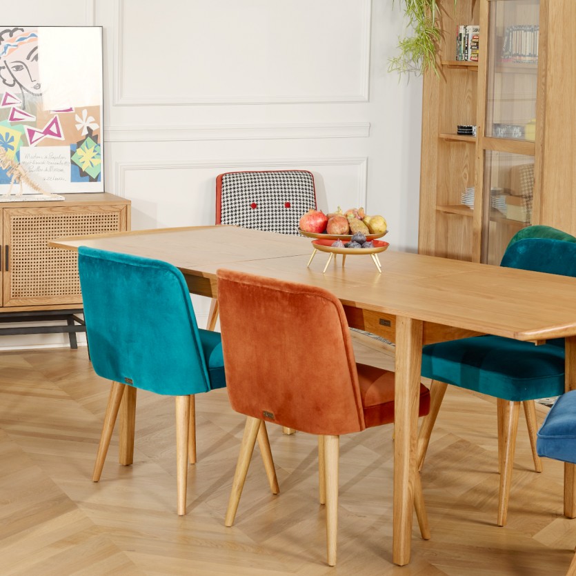 Table de repas avec rallonge DALHIA - Style scandinave en chêne, 6/8 couverts, bois certifié FSC®