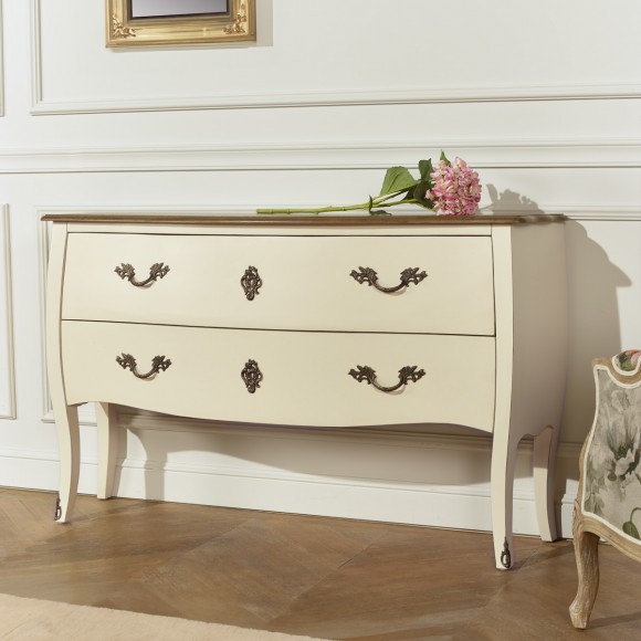 ALIENOR - Commode blanche style Louix XV, plateau en chêne, 2 tiroirs - bois certifié FSC®