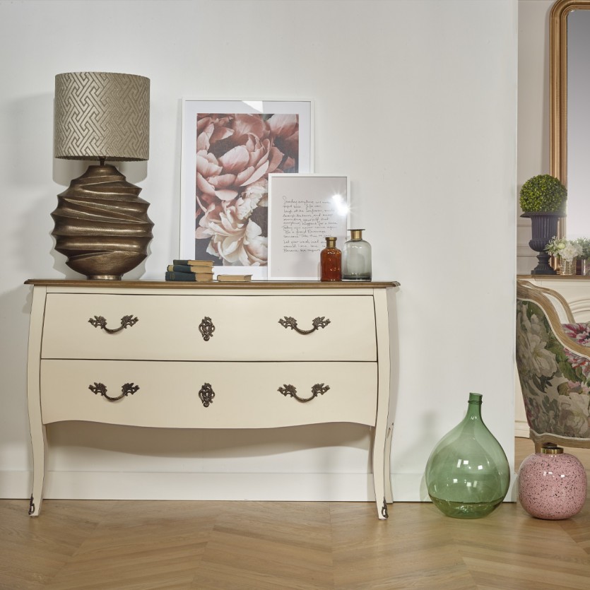 ALIENOR - Cómoda blanca estilo Luis XV, encimera de roble, 2 cajones - madera certificada FSC®