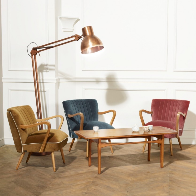 SIXTY - Fauteuil design en bois massif et tissu velours de coton, bois certifié FSC®, 1 place