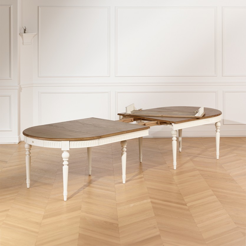 Table à manger extensible AUDE - Style romantique en chêne, 6/14 couverts, bois certifié FSC®