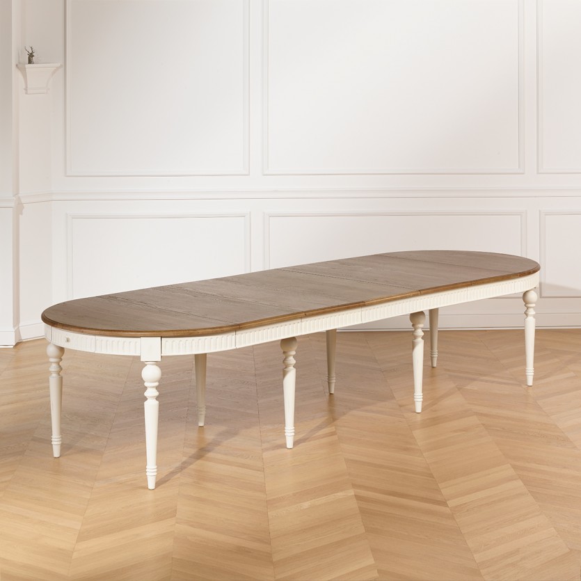 AUDE Extendable Dining Table - Shabby chic style in oak, white legs, 6/14 settings