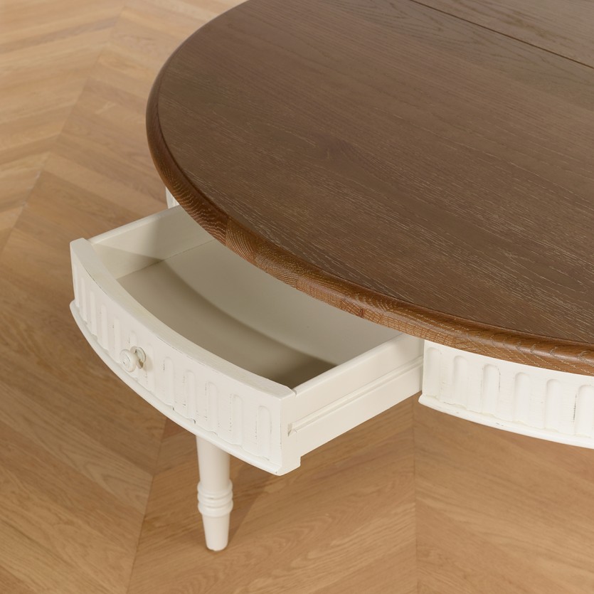 Photo technique table de salle à manger AUDE blanche, vue du dessus avec tiroir ouvert.