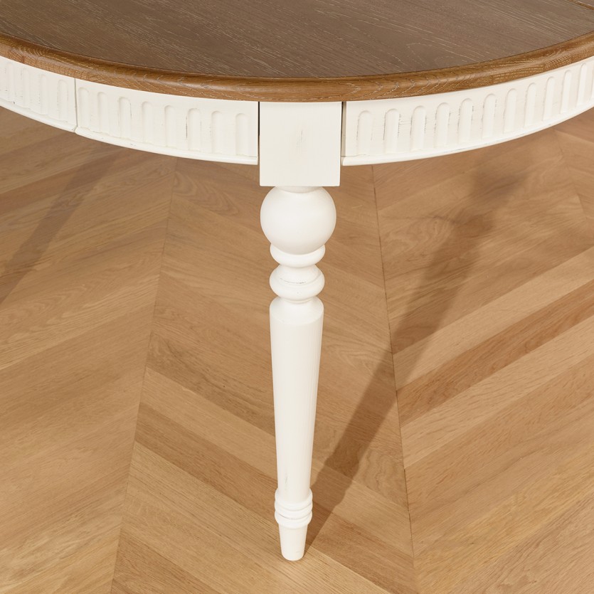 Photo technique table de salle à manger AUDE blanche, zoom pied tourné