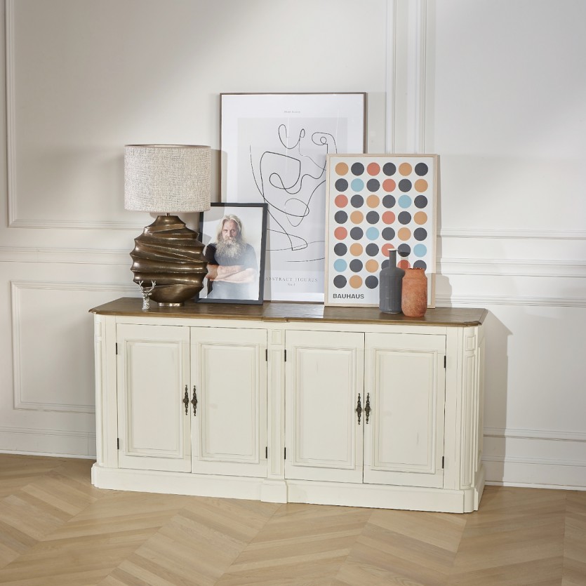 ARTHEMISE – Aparador de comedor estilo shabby chic de madera maciza, 4 puertas, madera certificada FSC®