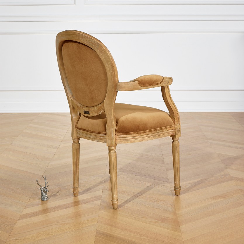 MEDAILLON - Fauteuil cabriolet style shabby chic en bois massif et tissu velours, bois certifié FSC®, 1 place