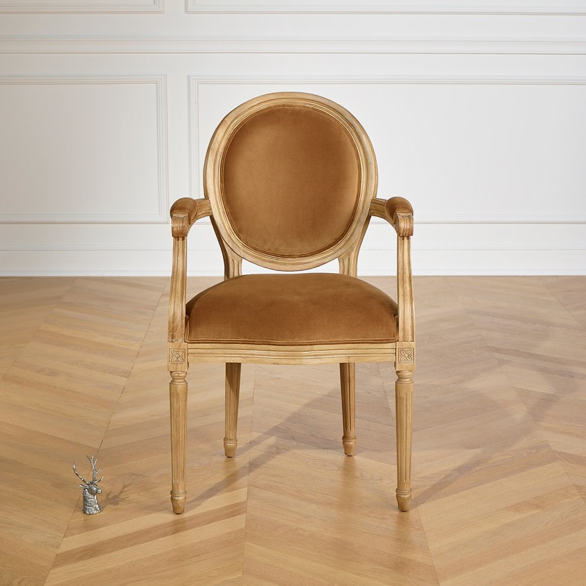 MEDAILLON - Fauteuil cabriolet style shabby chic en bois massif et tissu velours, bois certifié FSC®, 1 place