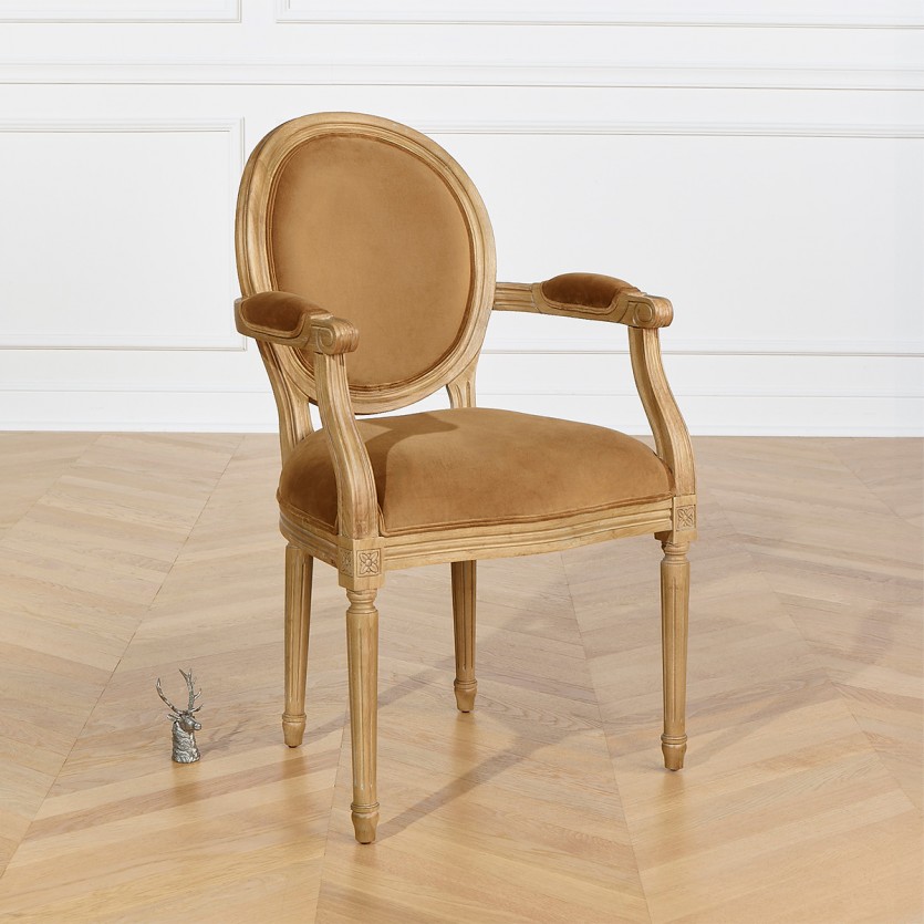 MEDAILLON - Fauteuil cabriolet style shabby chic en bois massif et tissu velours, bois certifié FSC®, 1 place