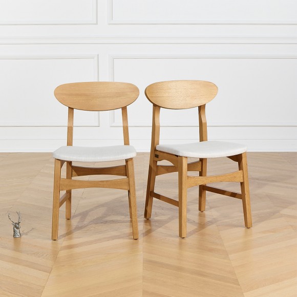 DALHIA - Lot de 2 chaises de style vintage en chêne massif et tissu anti-feu, bois certifié FSC®