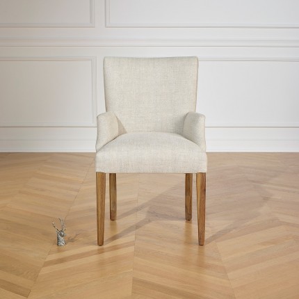 ALIX - Fauteuil de table avec accoudoirs style moderne en bois massif et tissu lin coton, 1 place