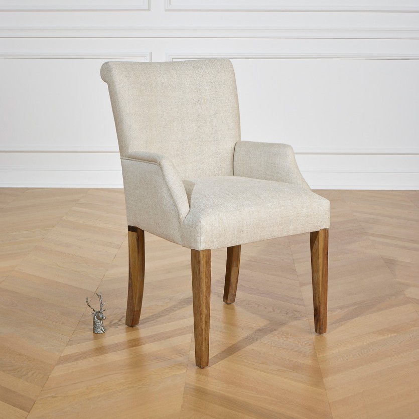 ALIX - Fauteuil de table avec accoudoirs style moderne en bois massif et tissu lin coton, 1 place