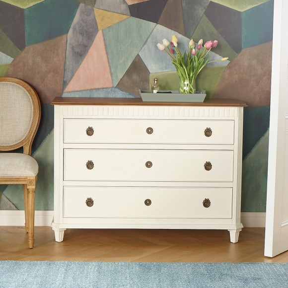 HORACE - Cômoda branca estilo shabby chic, tampo de carvalho, 3 gavetas