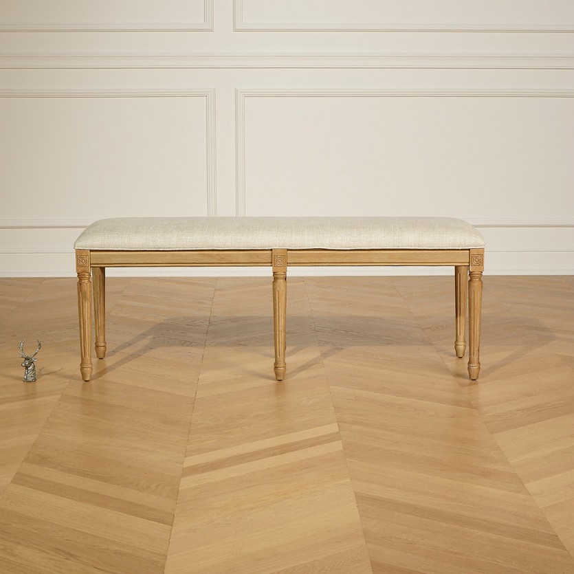 Banco de sala STEPHEN – Estilo shabby chic em hévea maciça e tecido de linho premium