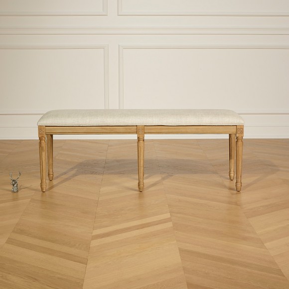 Banc salon STEPHEN – Style shabby chic en hévéa massif et tissu lin premium