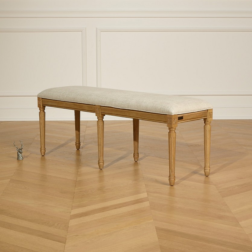 Banco de sala STEPHEN – Estilo shabby chic em hévea maciça e tecido de linho premium
