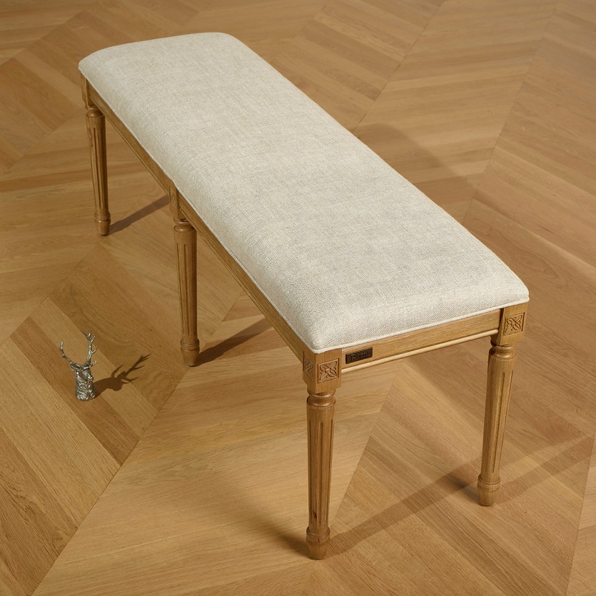 Banco de sala STEPHEN – Estilo shabby chic em hévea maciça e tecido de linho premium