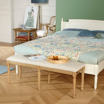 Banc salon STEPHEN – Style shabby chic en hévéa massif et tissu lin premium