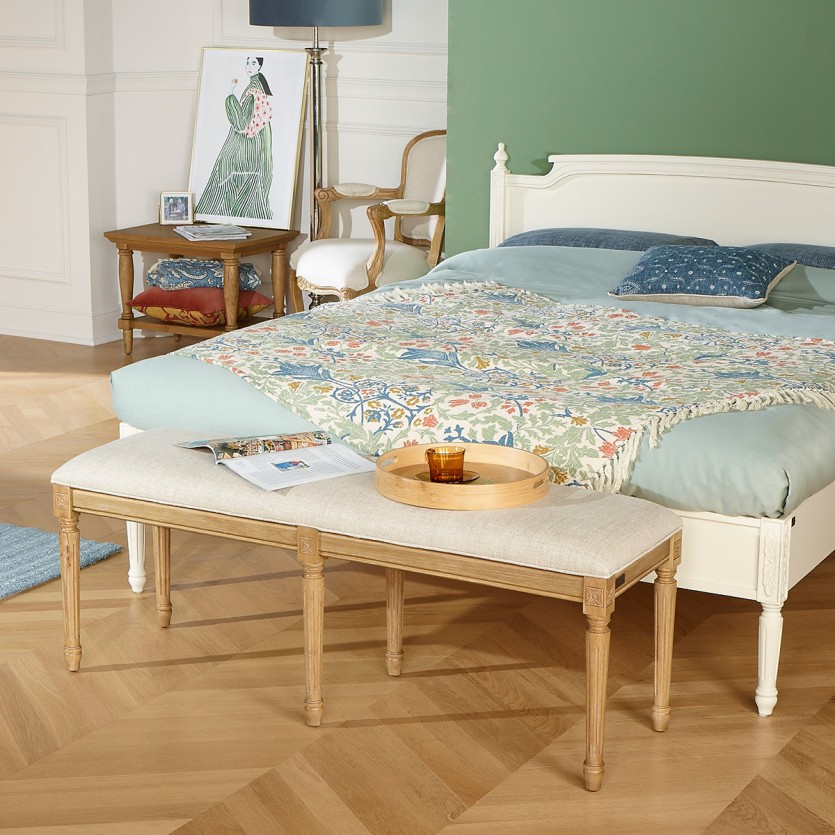 Banco de sala STEPHEN – Estilo shabby chic em hévea maciça e tecido de linho premium