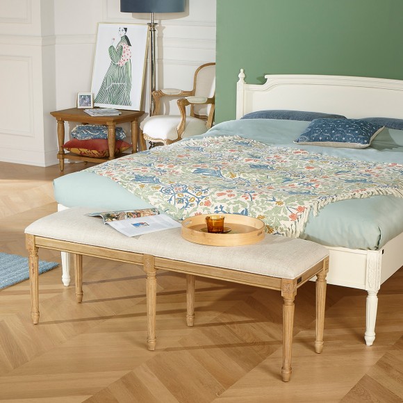Banc salon STEPHEN – Style shabby chic en hévéa massif et tissu lin premium