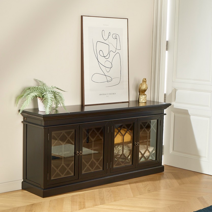 STELLA - Romantischer Vitrinenschrank im Landhausstil aus lackiertem Holz, 4 Türen, 2 Regale