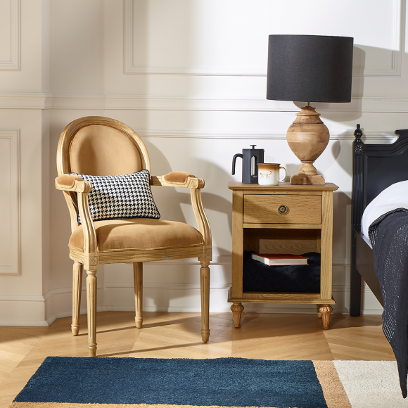 MEDAILLON - Fauteuil cabriolet style shabby chic en bois massif et tissu velours, bois certifié FSC®, 1 place