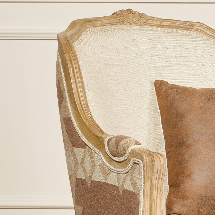 Bergère-Sessel VICTOR COMANCHE - Zeitgenössischer Stil, bedruckte Wolle und natürliches Leinen, Massivholz, 1 Platz