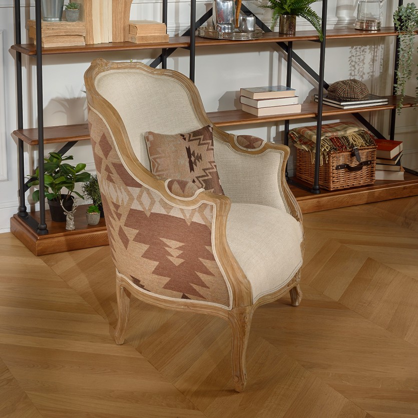 Bergère-Sessel VICTOR COMANCHE - Zeitgenössischer Stil, bedruckte Wolle und natürliches Leinen, Massivholz, 1 Platz