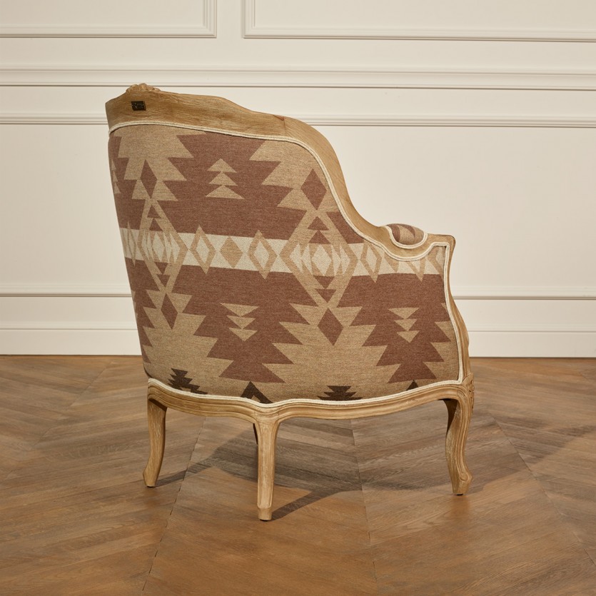 Bergère-Sessel VICTOR COMANCHE - Zeitgenössischer Stil, bedruckte Wolle und natürliches Leinen, Massivholz, 1 Platz