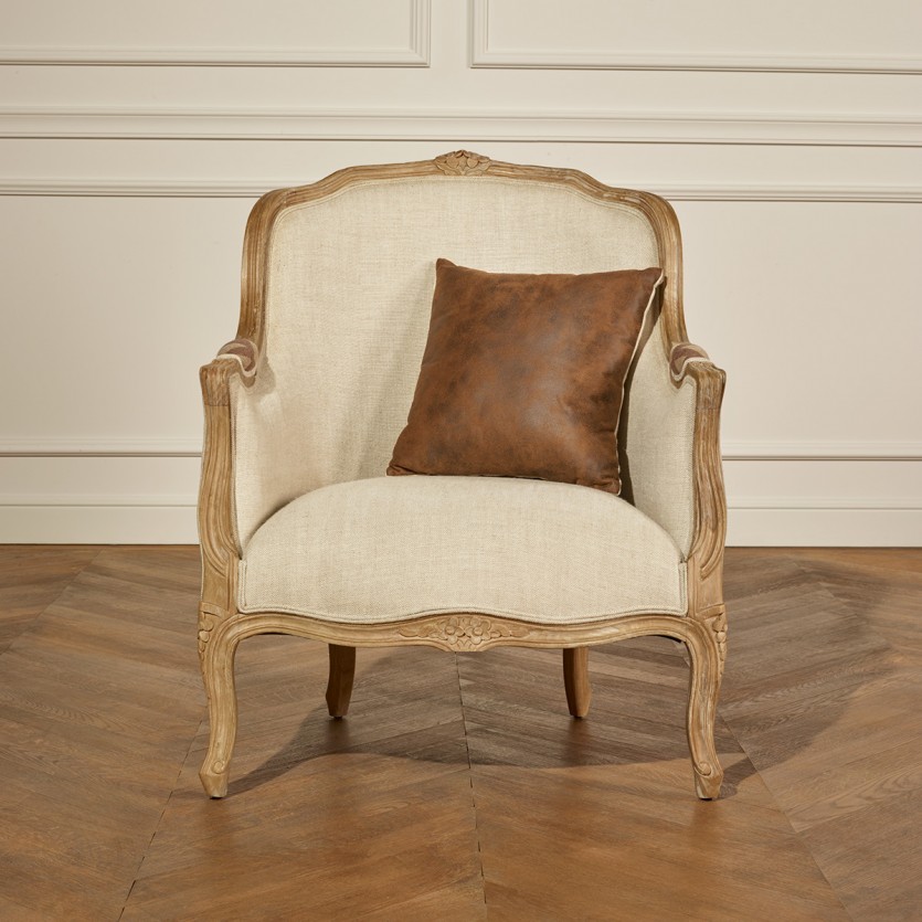Bergère-Sessel VICTOR COMANCHE - Zeitgenössischer Stil, bedruckte Wolle und natürliches Leinen, Massivholz, 1 Platz