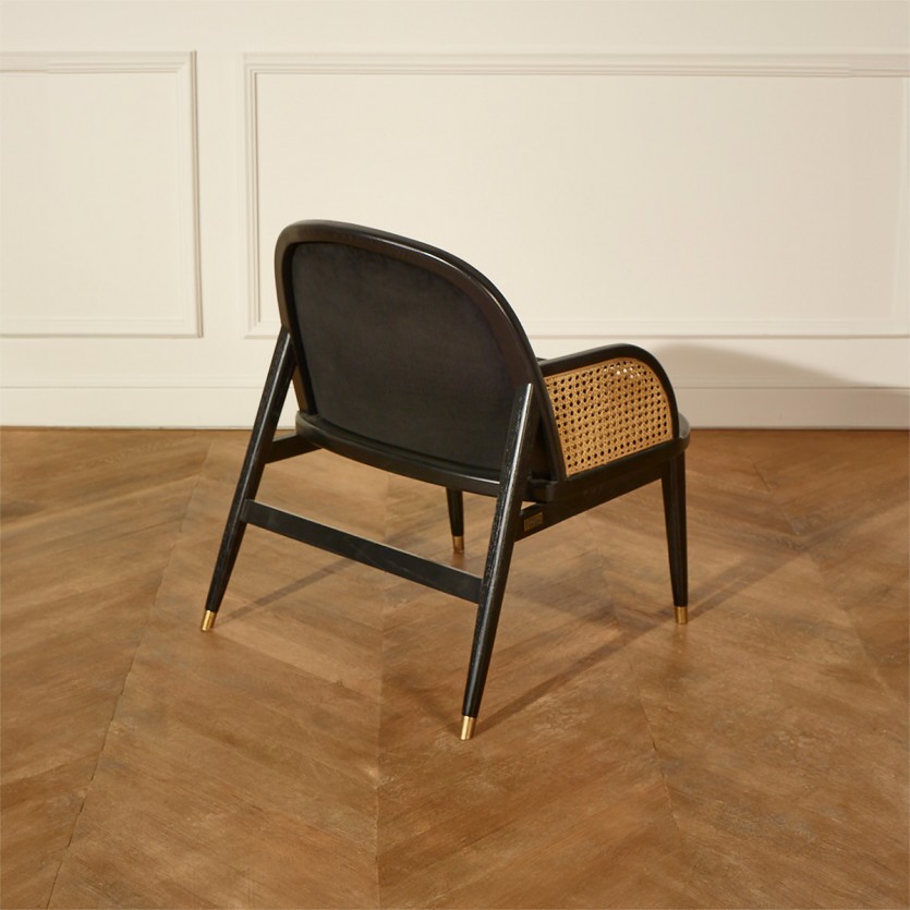 Sessel MARCEL - Skandinavischer Stil aus Massivholz, Rattan und schwarzem Samt, 1-Sitzer