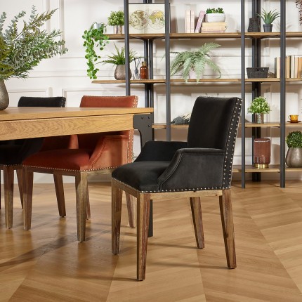 KENZA - Fauteuil de table avec accoudoirs style moderne en bois massif et velours, 1 place