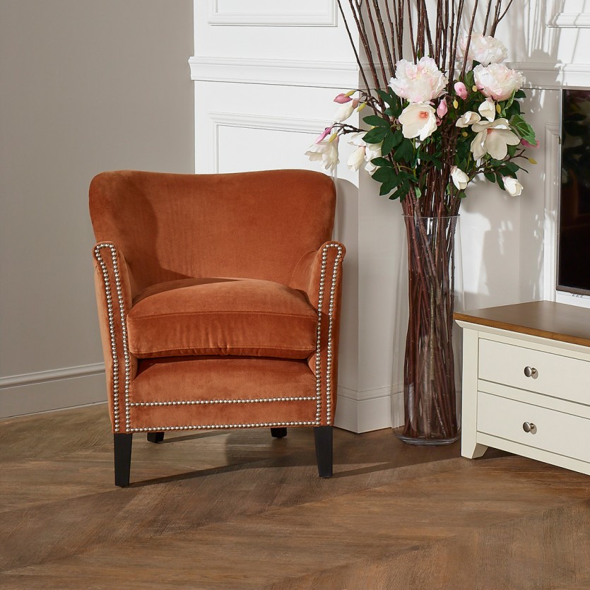 MAX - Fauteuil club clouté style moderne en velours et bois, 1 place