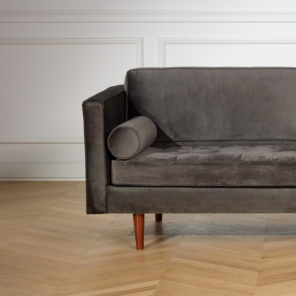JONAS - Canapé style scandinave en velours et bois, assise capitonnée, 3 places