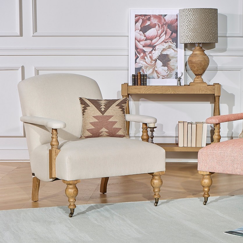 Poltrona ANDREW - Stile inglese in rovere e tessuto lino cotone, 1 posto