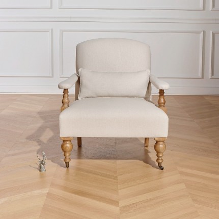 ANDREW Armchair - English style in oak and linen cotton fabric, 1 seater