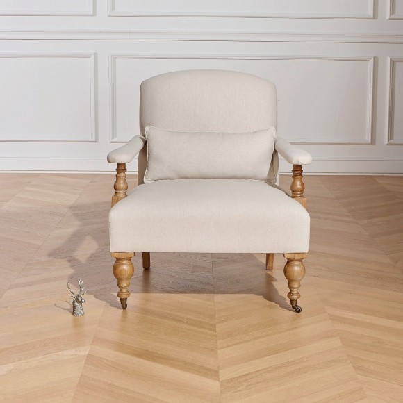 ANDREW - Fauteuil de style anglais en chêne et tissu lin, 1 place