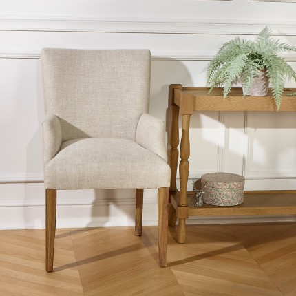 ALIX - Fauteuil de table avec accoudoirs style moderne en bois massif et tissu lin coton, 1 place