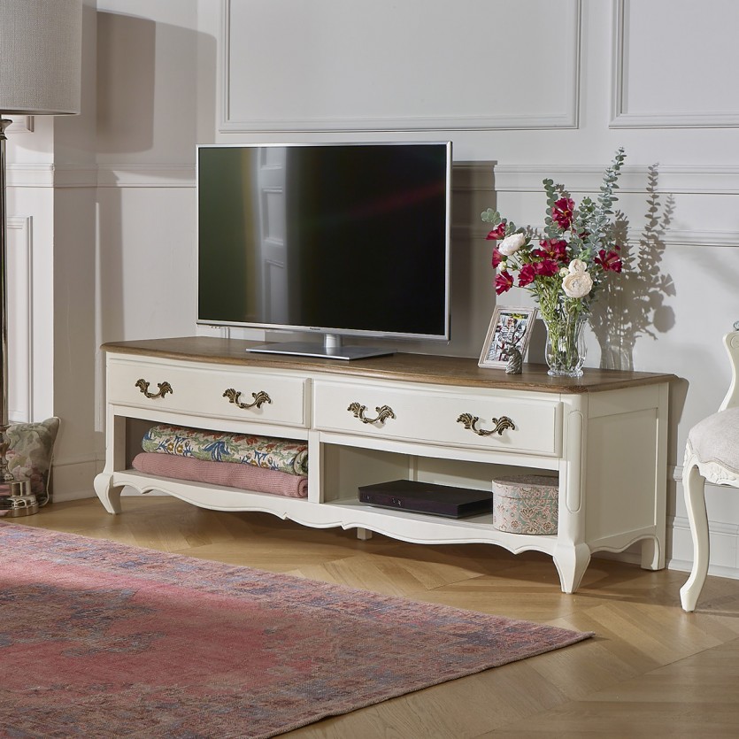 SAVOY - Meuble TV style shabby chic plateau chêne, 2 niches, 2 tiroirs