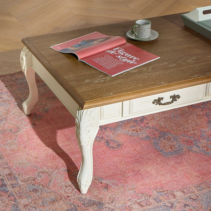 MARIANNE - Table basse style shabby chic, plateau en chêne, 4 tiroirs, bois certifié FSC®
