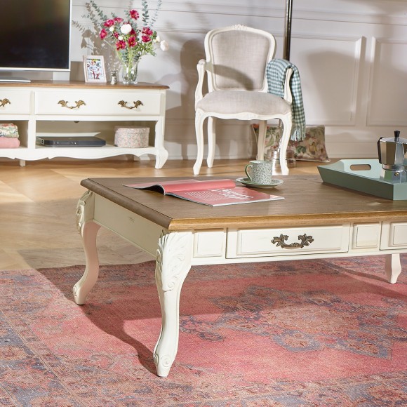 MARIANNE - Table basse style shabby chic en bois massif, 4 tiroirs, FSC®