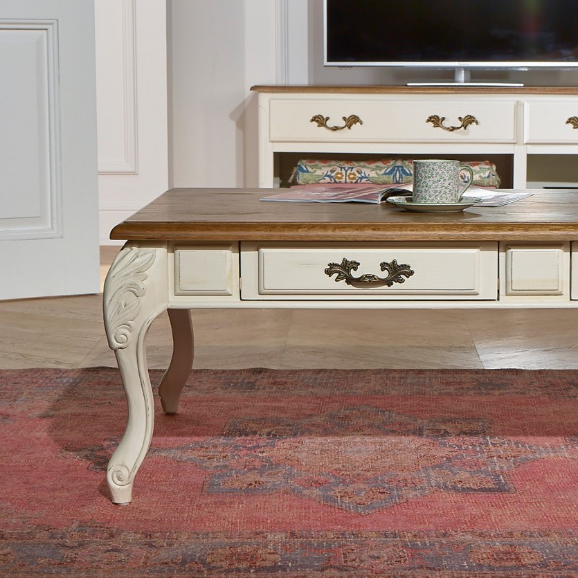 MARIANNE - Shabby chic style coffee table, oak top, 4 drawers, FSC® certified wood